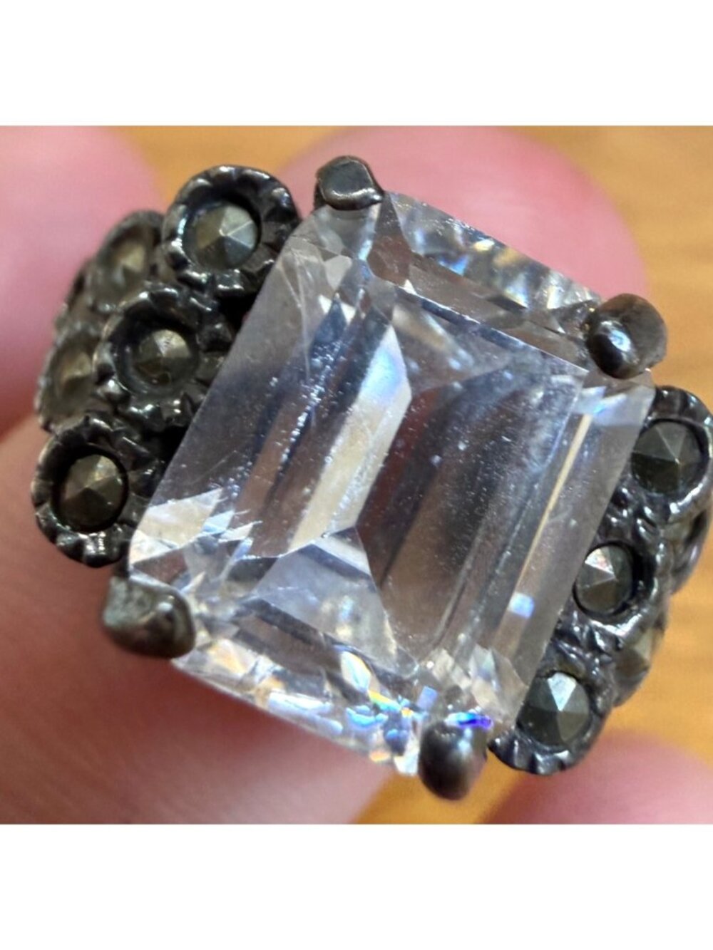 VTG Sterling Silver Ring Emerald-Cut Clear Stone Marcasite Flower Accents Sz 8